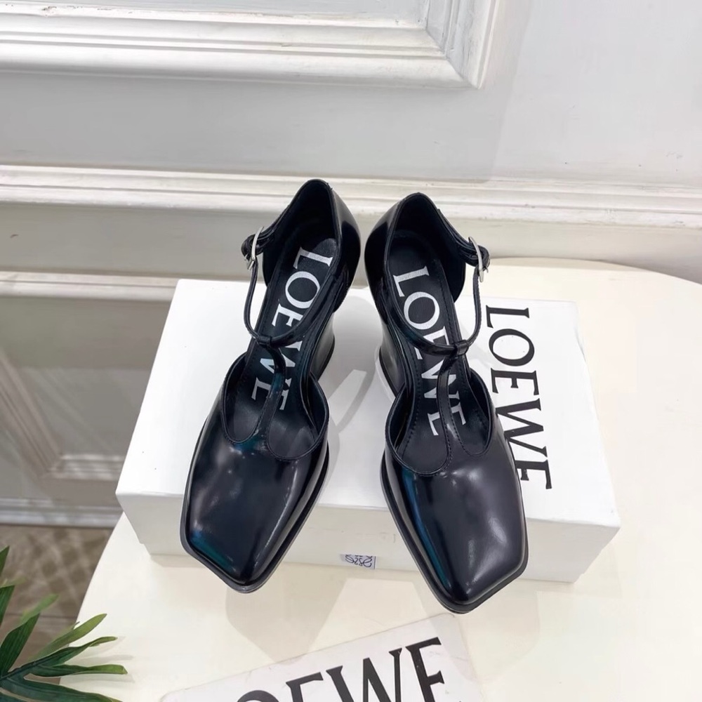 Loewe Black Patent Leather T-Strap Square-Toe Pumps